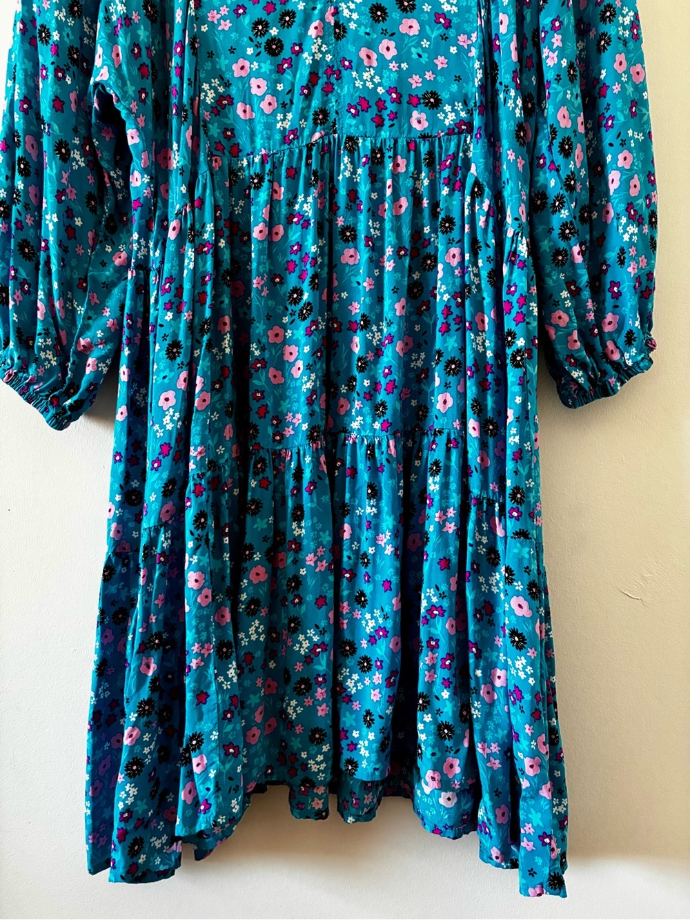 CALVIN KLEIN Teal Ditzy Floral Long-Sleeve Tiered Dress- Size 14 - Picture 10 of 13
